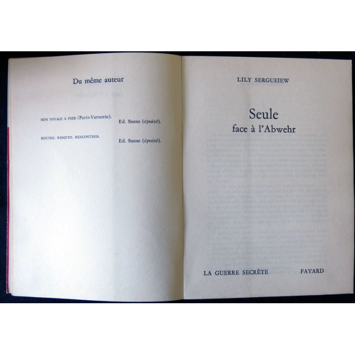 Seule face à l'Abwehr de Lily Sergueiew aux Editions Fayard