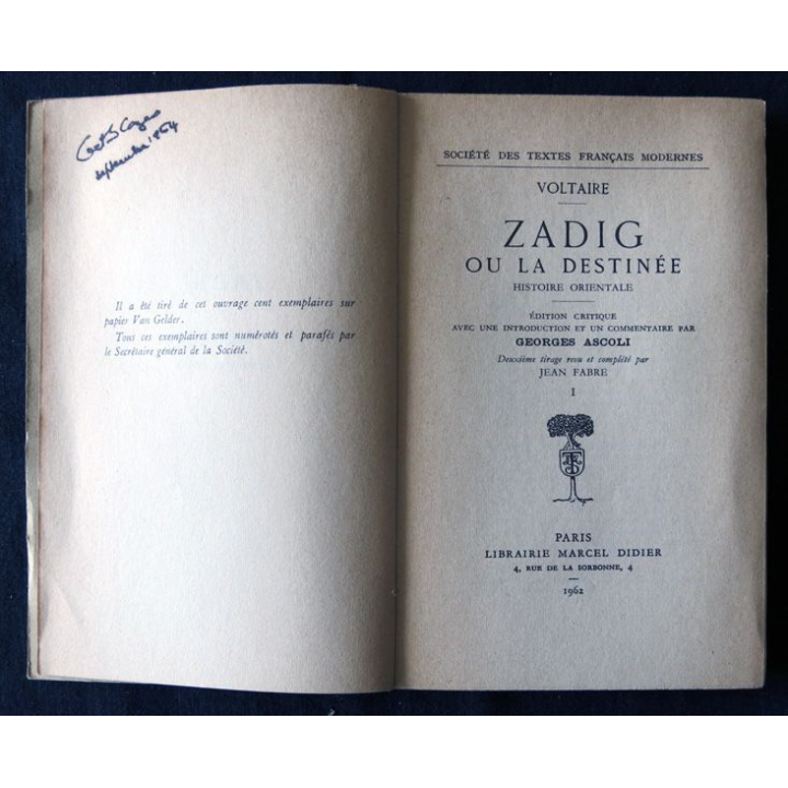 Zadig ou la destinée de Voltaire édité par Librairie Marcel Didier 1962