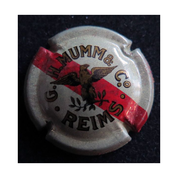 Capsule Muselet de bouteille de champagne G. H MUMM & C° n° 53 Gris-crème et or, petit aigle, 1 barre rouge