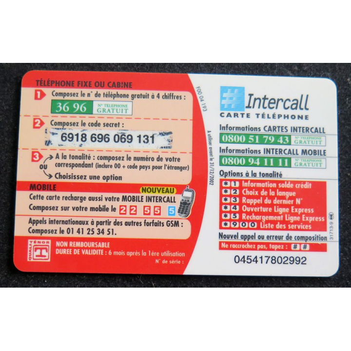 Carte téléphonique Intercall 50 F D'appel prépayés