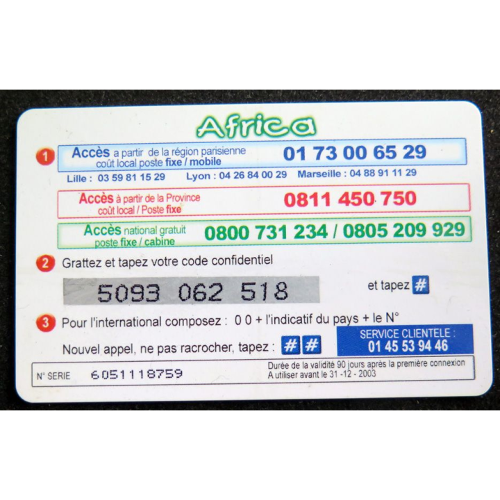 Carte téléphonique Monde-France-GSM 7,5 € Africa