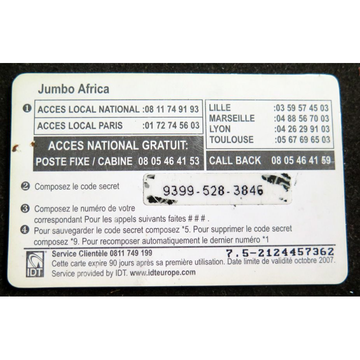 Carte téléphonique Jumbo Africa 7,5 €