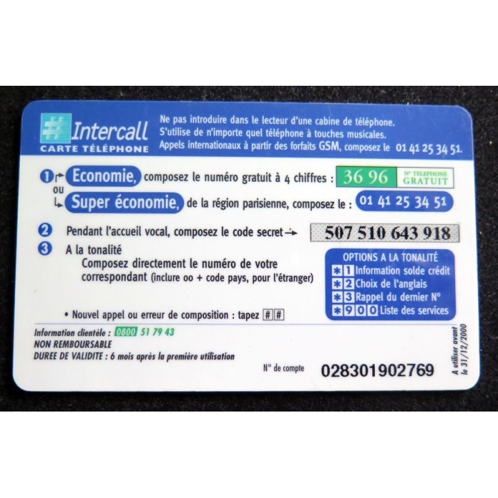 Carte téléphonique Intercall Monde 100 F d'appel prépayés
