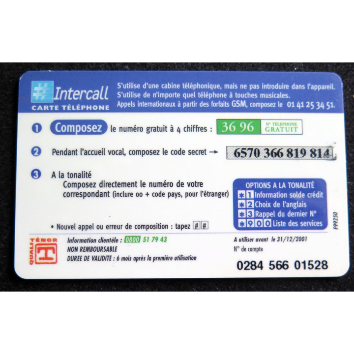 Carte téléphonique Intercall Monde 50 F d'appel prépayés