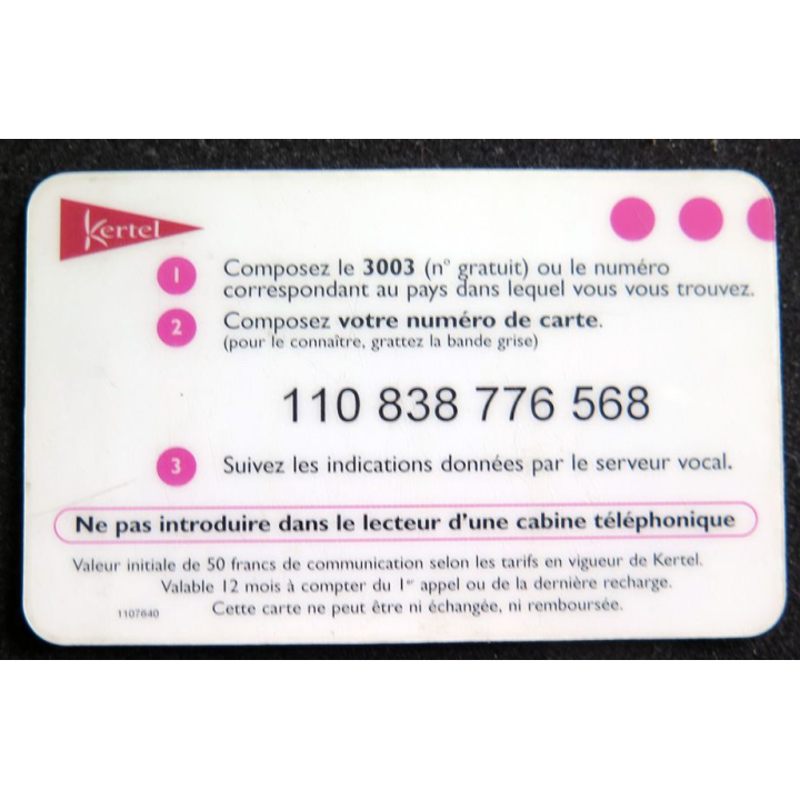 Carte téléphonique Kertel 50 prépayée rechargeable FNAC