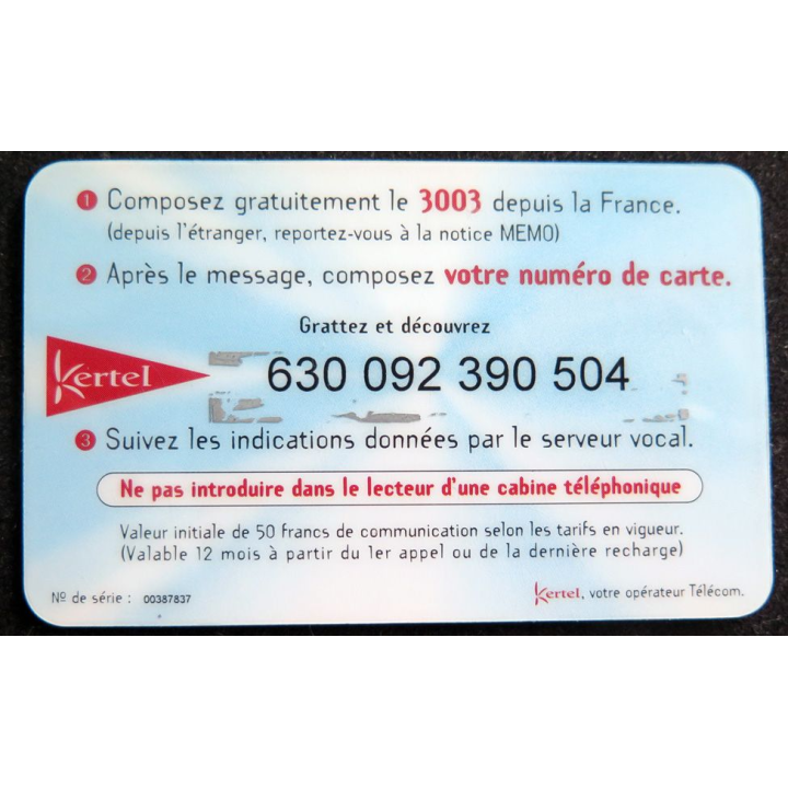 Carte téléphonique Kertel 50 F rechargeable