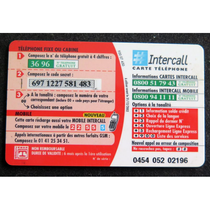 Carte téléphonique Intercall 50 F D'appel prépayés
