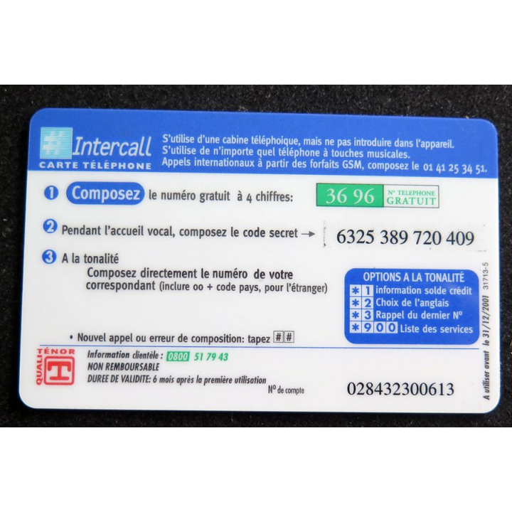 Carte téléphonique Intercall Monde 50 F d'appel prépayés