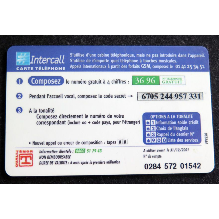 Carte téléphonique Intercall Monde 50 F d'appel prépayés