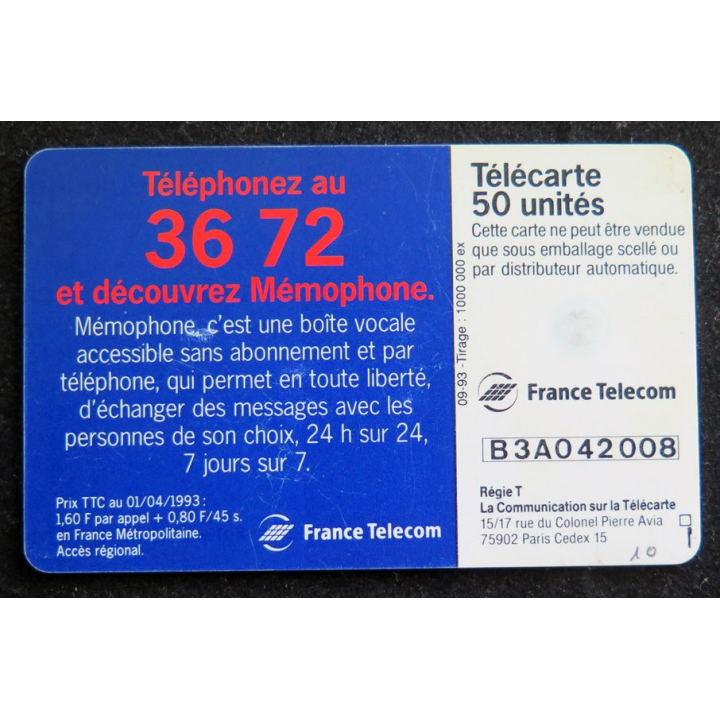 Carte téléphonique Télécarte 50 Mémophone 3672