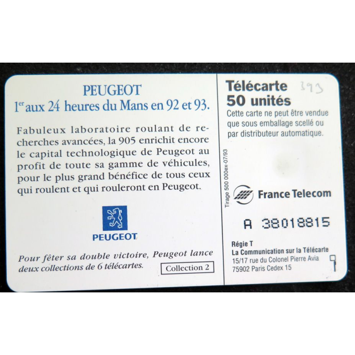 Carte téléphonique télécarte 50 Peugeot 1°, 2° et 3° aux 24 heures du Mans 93