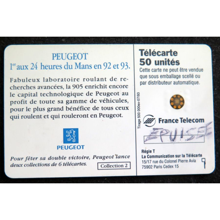 Carte téléphonique télécarte 50 Peugeot 1°, 2° et 3° aux 24 heures du Mans 93