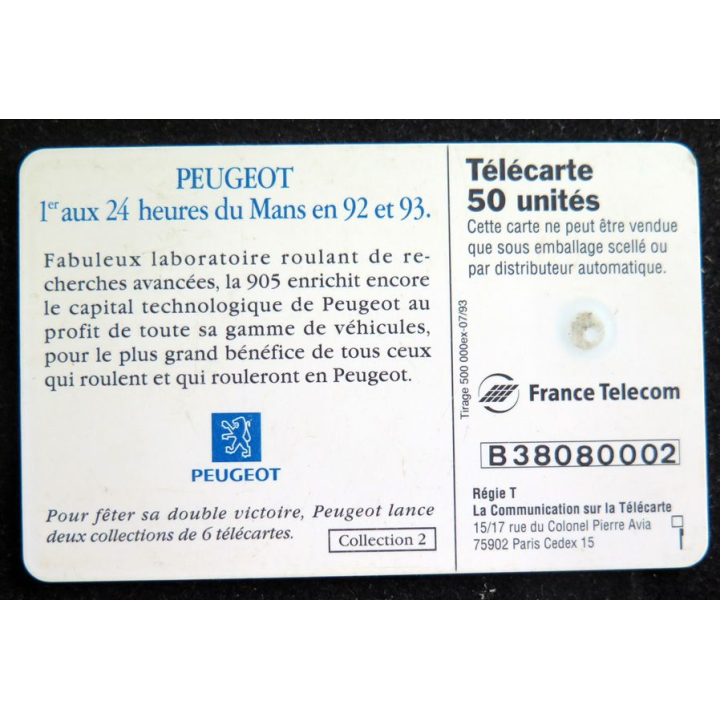 Carte téléphonique télécarte 50 Peugeot 1°, 2° et 3° aux 24 heures du Mans 93