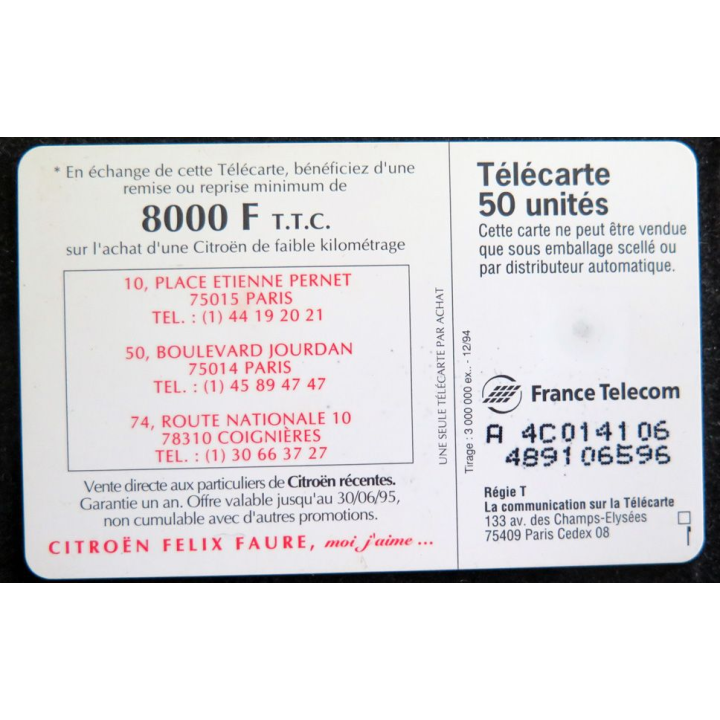 Carte téléphonique Télécarte 50 Citroën Cette télécarte vaut 8000 F TTC