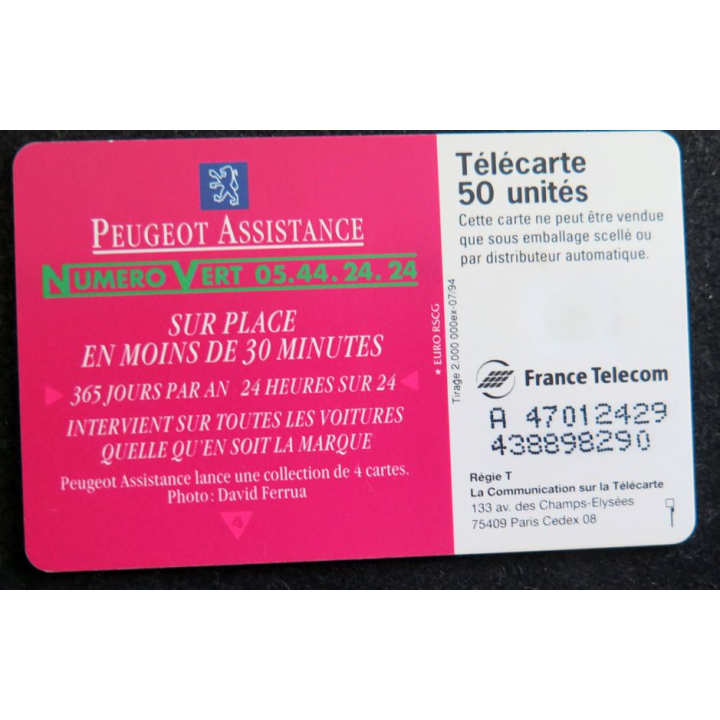 Carte téléphonique télécarte 50 Peugeot Assistance