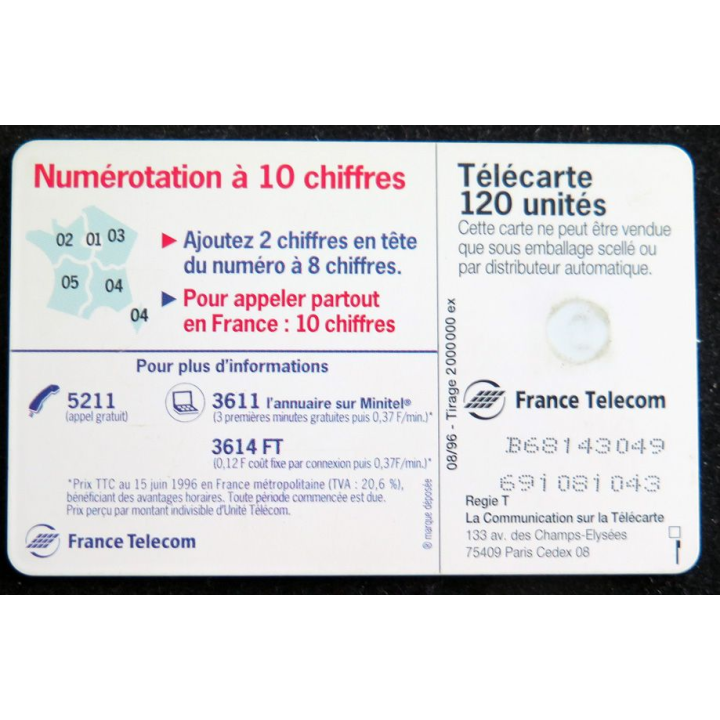 Carte téléphonique télécarte 120 Numérotation à 10 Chiffres