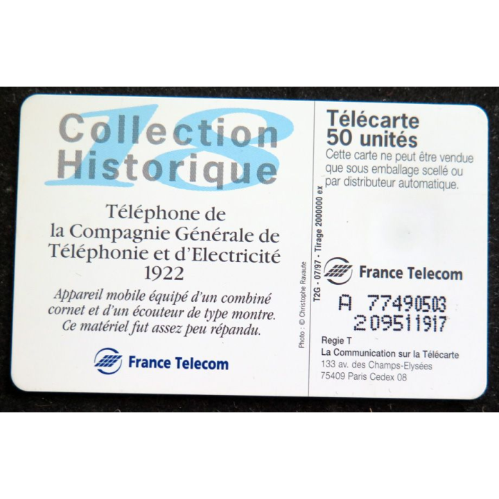 Carte téléphonique télécarte 50 Téléphone CGTE 1922