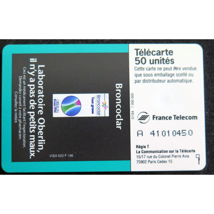 Carte téléphonique télécarte 50 Broncoclar du Laboratoire Oberlin 