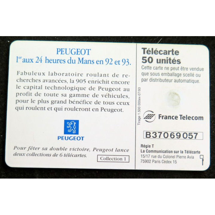 Carte téléphonique télécarte 50 Peugeot 1° aux 24 heures du Mans en 92 et 93