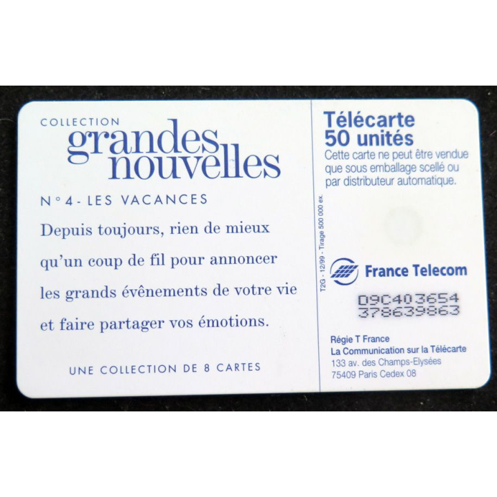 Carte téléphonique télécarte 50 Grandes nouvelles n° 4 Les vacances