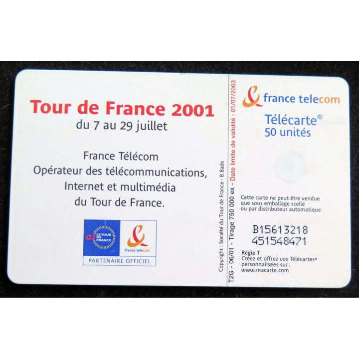 Carte téléphonique télécarte 50 Tour de France 2001