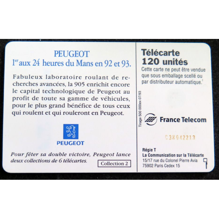 Carte téléphonique télécarte 120 Peugeot 1° 2° et 3° aux 24 heures du Mans 93