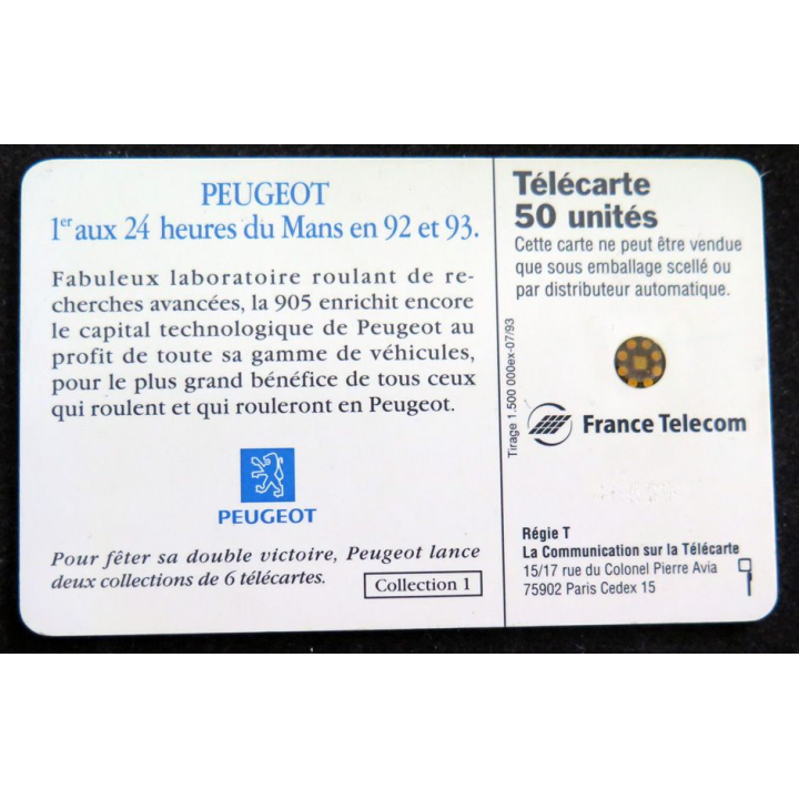 Carte téléphonique télécarte 50 Peugeot 1° aux 24 heures du Mans en 92 et 93