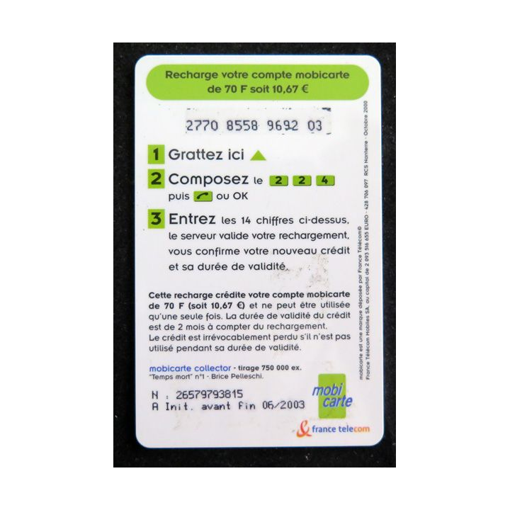 Carte téléphonique Recharge 70 mobicarte