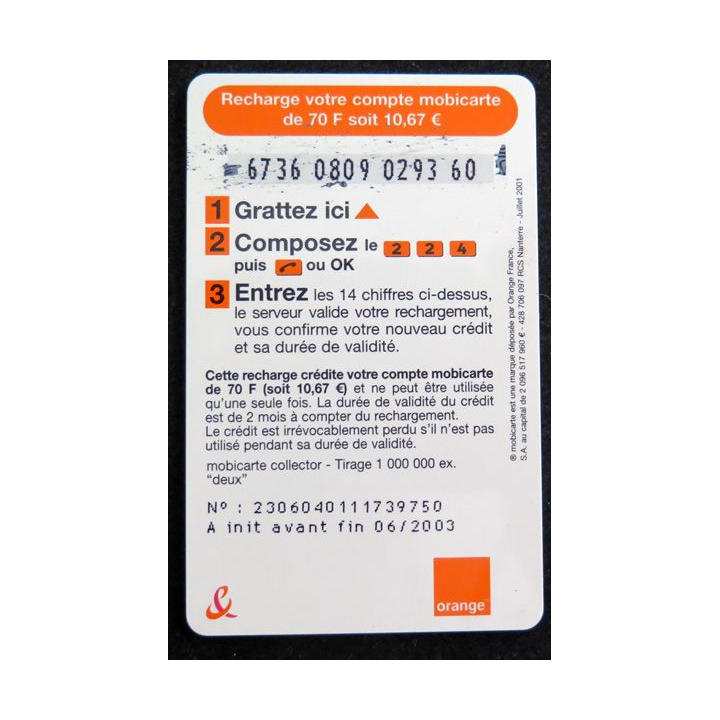 Carte téléphonique Recharge 70 mobicarte