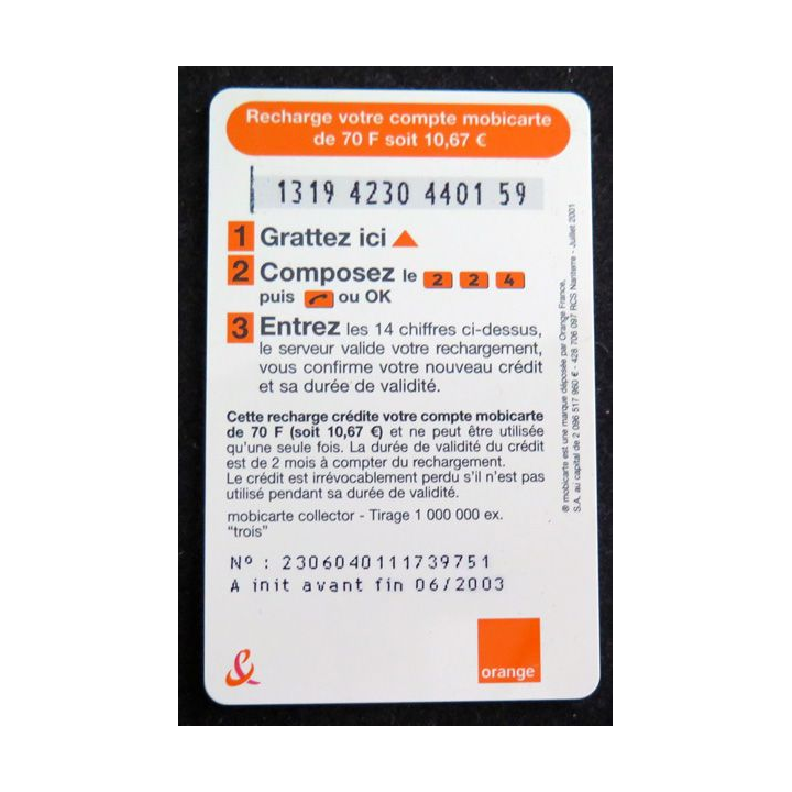 Carte téléphonique Recharge 70 mobicarte