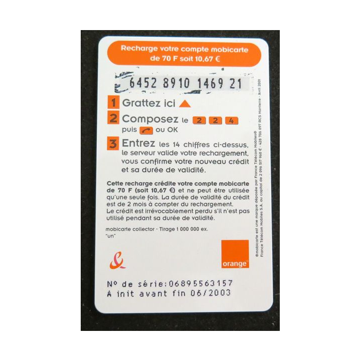 Carte téléphonique Recharge 70 mobicarte