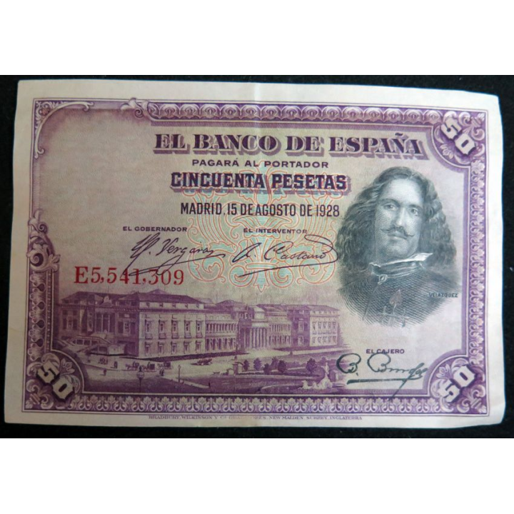 ESPAGNE : Billet de banque de 50 Pesetas VELAZQUEZ  15/08/1928 série E