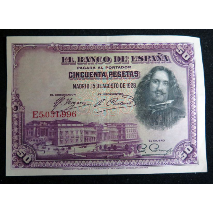 ESPAGNE : Billet de banque de 50 Pesetas VELAZQUEZ  15/08/1928 série E