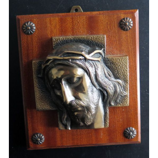 RELIGIEUX : Tape de bouche du Christ en bronze sur support bois