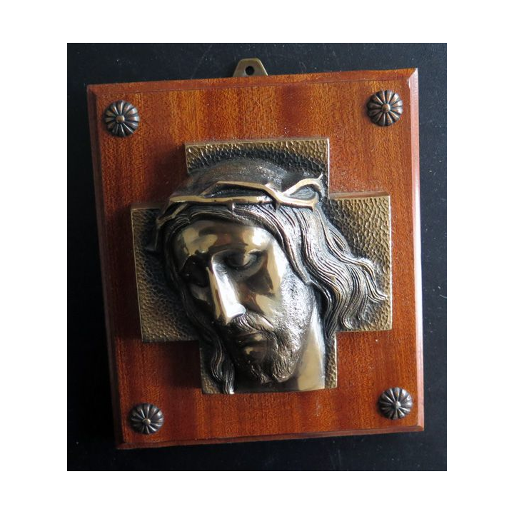 RELIGIEUX : Tape de bouche du Christ en bronze sur support bois