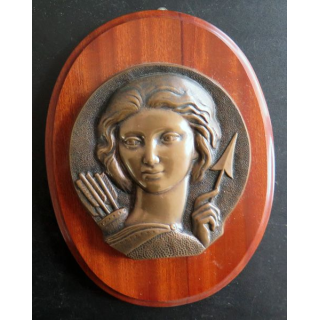 MARINE : Tape de bouche du Sous marin Diane en bronze sur support bois 20 x 15 cm