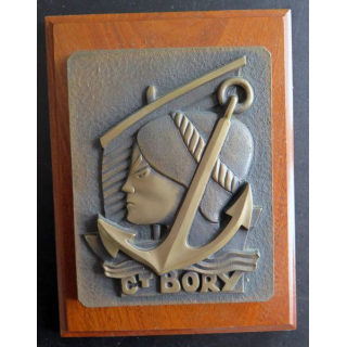 MARINE : Tape de bouche en bronze du commandant Bory sur bois 20 x 15 cm