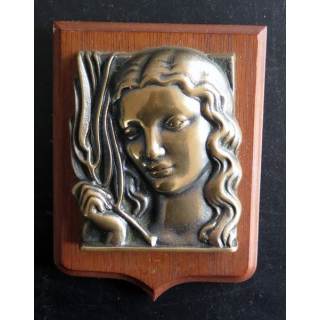 MARINE : Tape de bouche du Sous marin Astrée en bronze sur support bois 14 x 10 cm