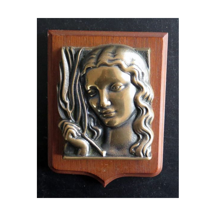 MARINE : Tape de bouche du Sous marin Astrée en bronze sur support bois 14 x 10 cm