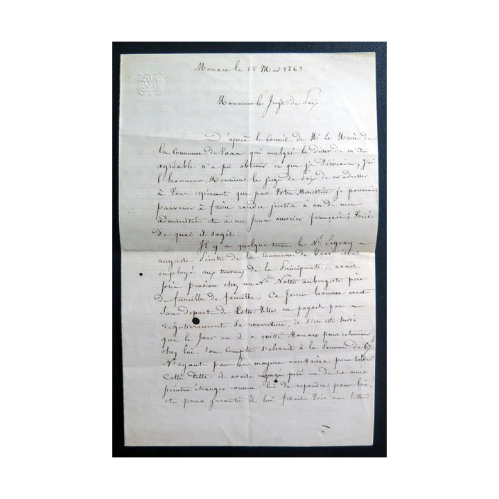 Vieille lettre du Maire de Monaco à un juge de Pais datant du 15 Mai 1863