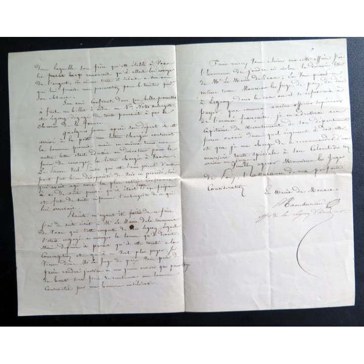 Vieille lettre du Maire de Monaco à un juge de Pais datant du 15 Mai 1863