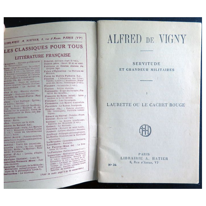 Servitude et Grandeur militaires d'Alfred de  Vigny 1947