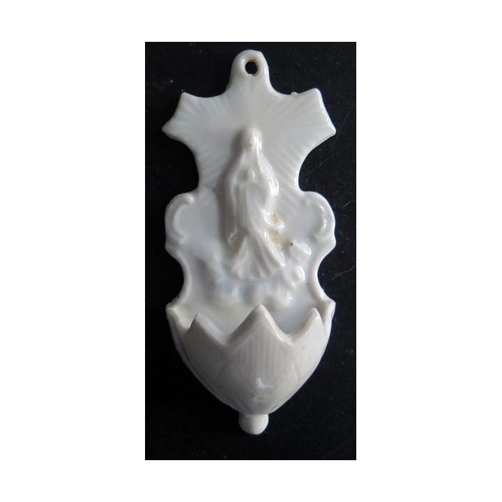 Petit bénitier en porcelaine blanche sur la Vierge Marie 12 x 5,5 cm
