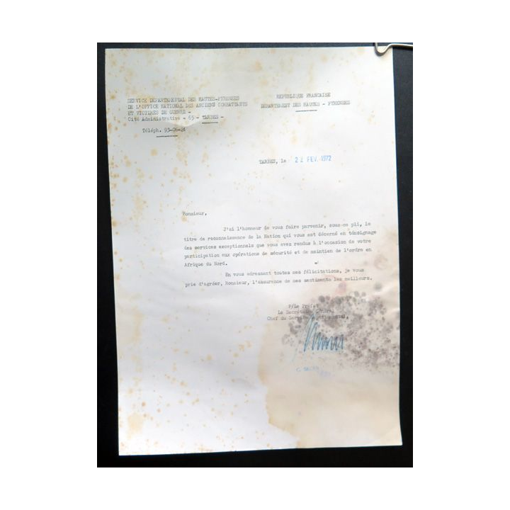 Diplôme du Titre de reconnaissance de la Nation attribué à M. Jean Blaise Laborde 1972