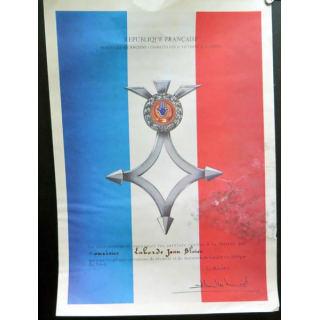Diplôme du Titre de reconnaissance de la Nation attribué à M. Jean Blaise Laborde 1972