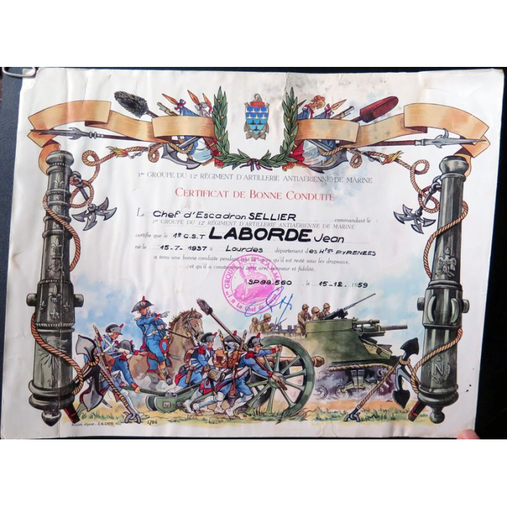 Certificat de bonne conduite du 1° groupe du 12° RAAM attribué à M. Jean Blaise Laborde 1959