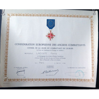 Diplôme de la confédération européenne des anciens combattants attribué 1972