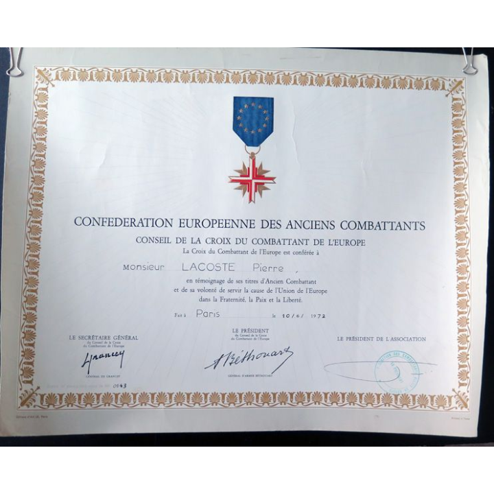 Diplôme de la confédération européenne des anciens combattants attribué 1972