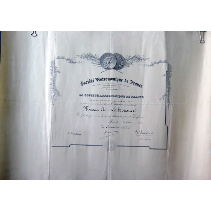 Diplôme de la société astronomique de France attribué en 1938