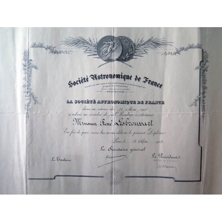 Diplôme de la société astronomique de France attribué en 1938